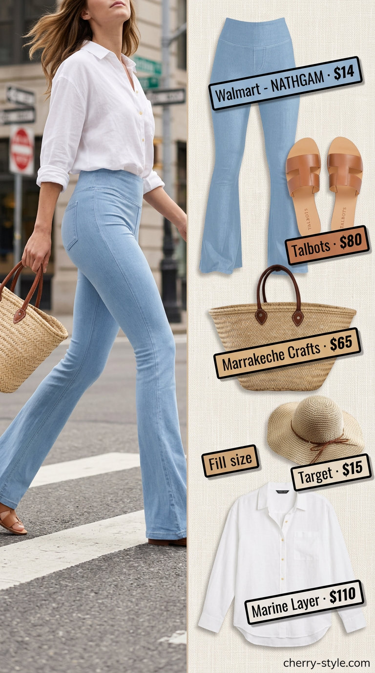 Flared legging outfits summer for women 2026: Light denim flare leggings, white linen shirt, tan slides, and straw hat for a coastal vibe.