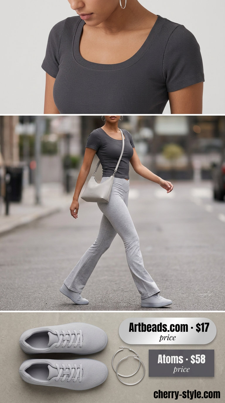 Flared legging outfits summer for women 2026: Light grey seamless flare leggings, charcoal top, grey crossbody, and minimalist sneakers.