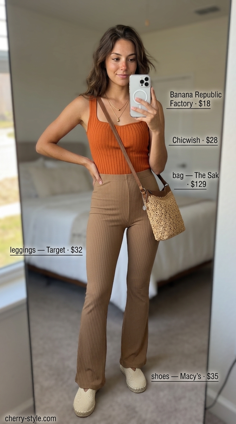 Flared legging outfits summer for women 2026: Tan ribbed flare leggings, rust tank top, layered gold necklaces, and espadrille flats.