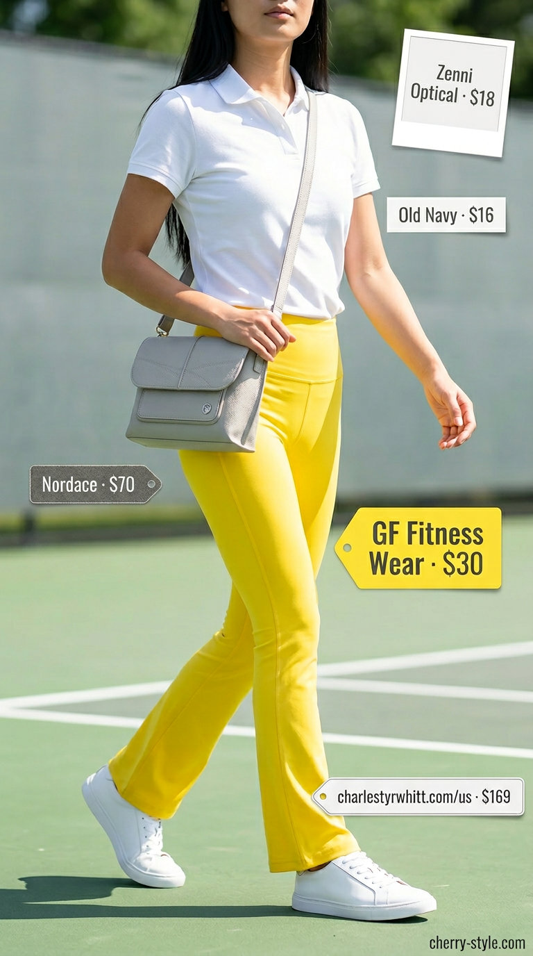 Flared legging outfits summer for women 2026: Lemon yellow flare leggings, white polo, grey crossbody, and white sneakers for a sporty look.