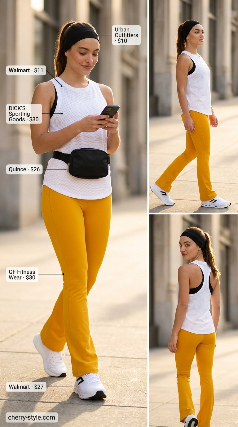 Flared legging outfits summer for women 2026: Yellow workout flare leggings, black sports bra, white tank, and athletic sneakers for active days.