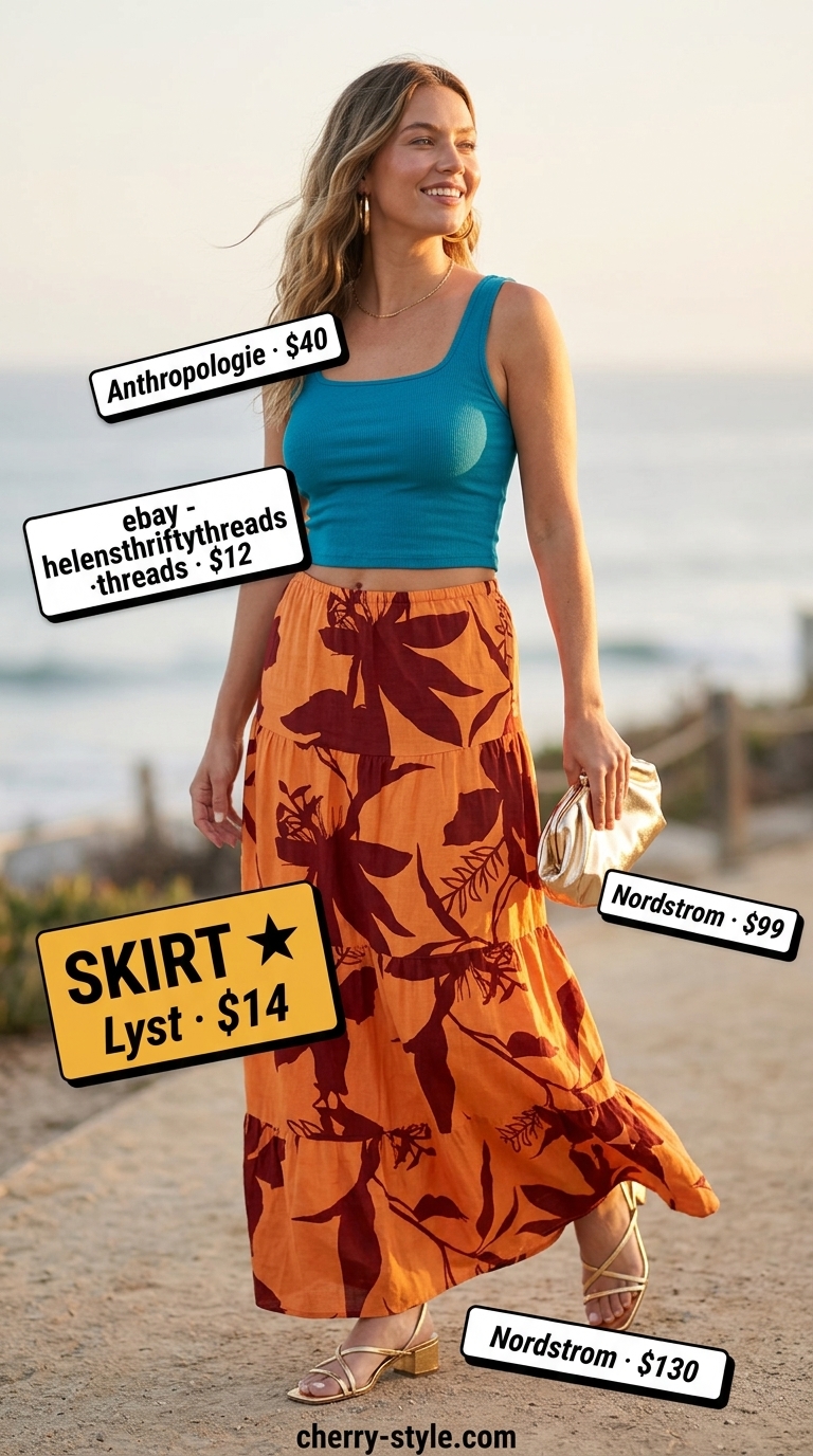 Sunset Beach Resort Dinner: Bold abstract floral maxi skirt & turquoise top for summer women 2026.