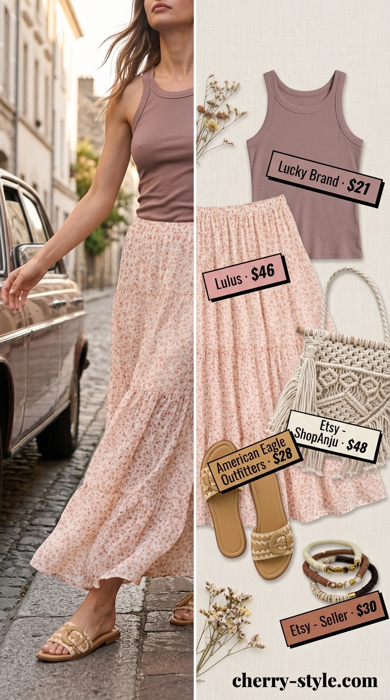 Bohemian Market Day: Earthy floral maxi skirt & knit top for relaxed summer women 2026.