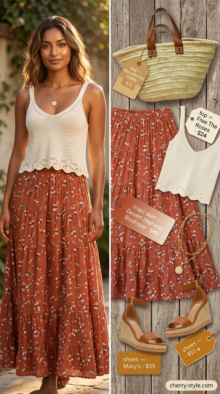 Floral maxi skirt outfits summer for women 2026: Rust floral maxi skirt, crochet crop top, espadrilles, straw tote.