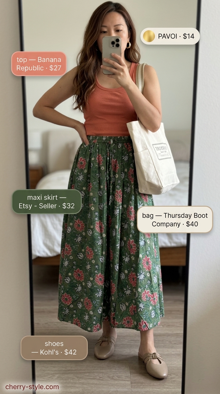 Floral maxi skirt outfits summer for women 2026: Earthy botanical garden look with olive floral skirt, terracotta tank, and mules.