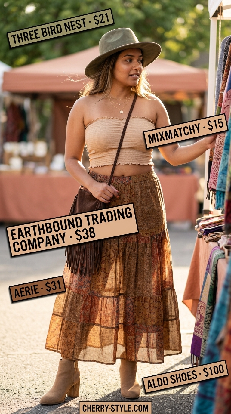 Floral maxi skirt outfits summer for women 2026: Bohemian desert festival look with patchwork floral skirt, tube top, and boots.