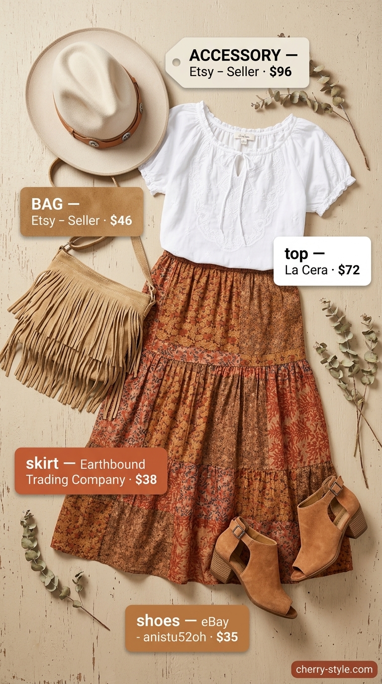 Festival Free Spirit: Southwestern floral maxi skirt & peasant blouse for boho summer women 2026.