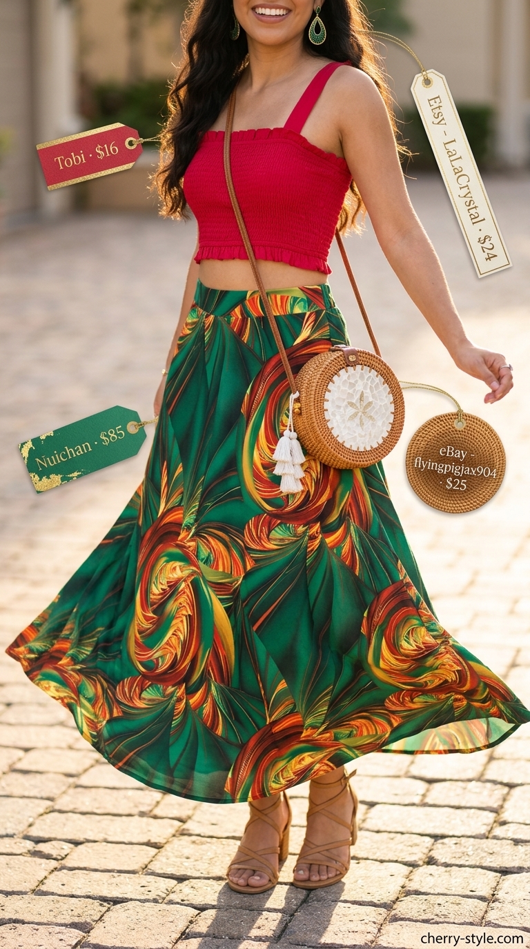 Fiesta Ready: Coral crop top & vibrant floral maxi skirt for summer women 2026 outdoor parties.