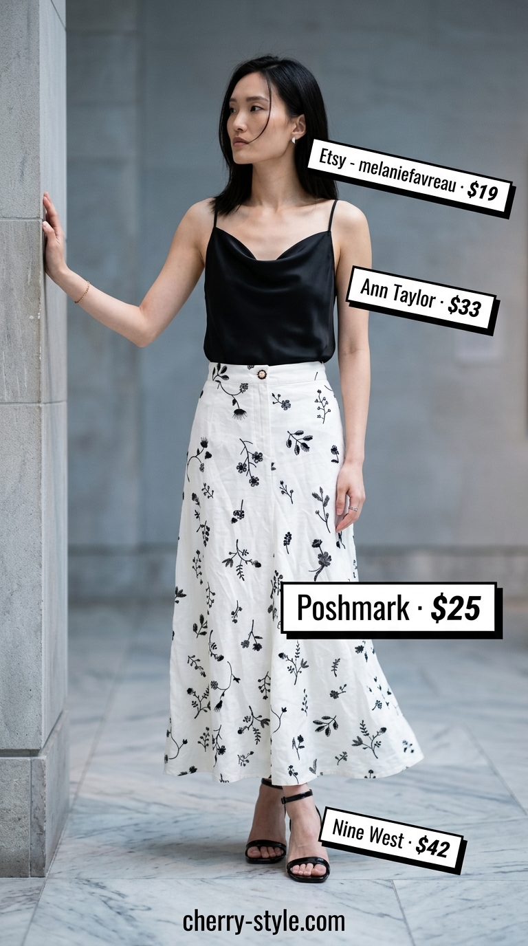 Floral maxi skirt outfits summer for women 2026: Chic gallery opening look with black sketch floral skirt, white cami, and silver heels.