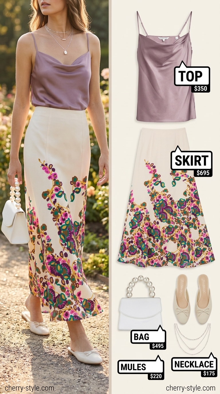 Romantic Garden Brunch: Pastel floral maxi skirt & silk cami for serene summer women 2026.