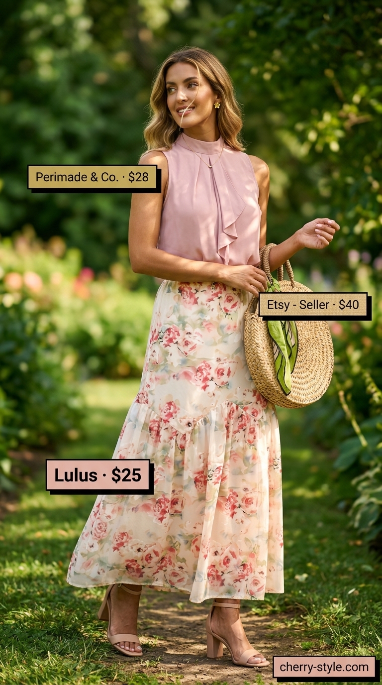 Floral maxi skirt outfits summer for women 2026: Whimsical garden party with pink floral skirt, ruffled blouse, and straw bag.