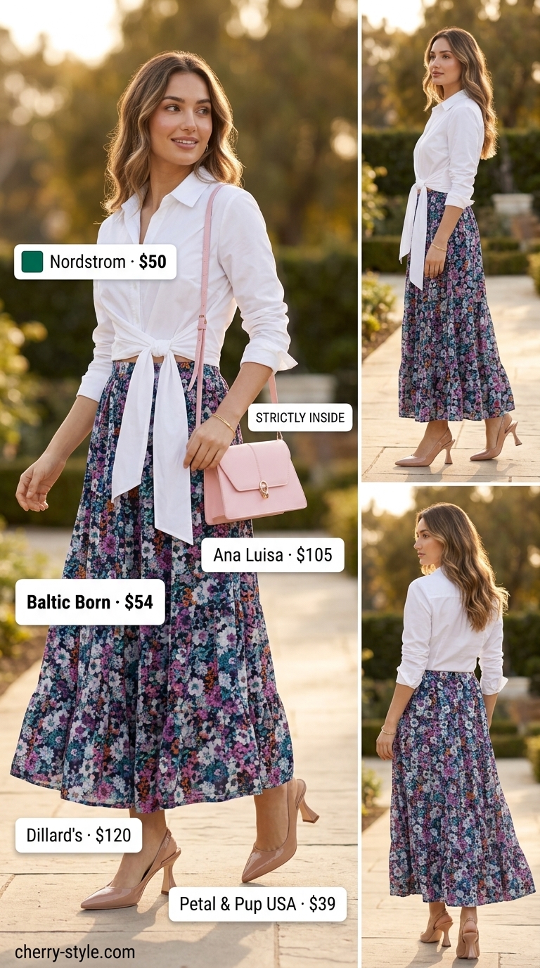 Garden Party Glamour: Jewel floral maxi skirt & white shirt for elegant summer women 2026.