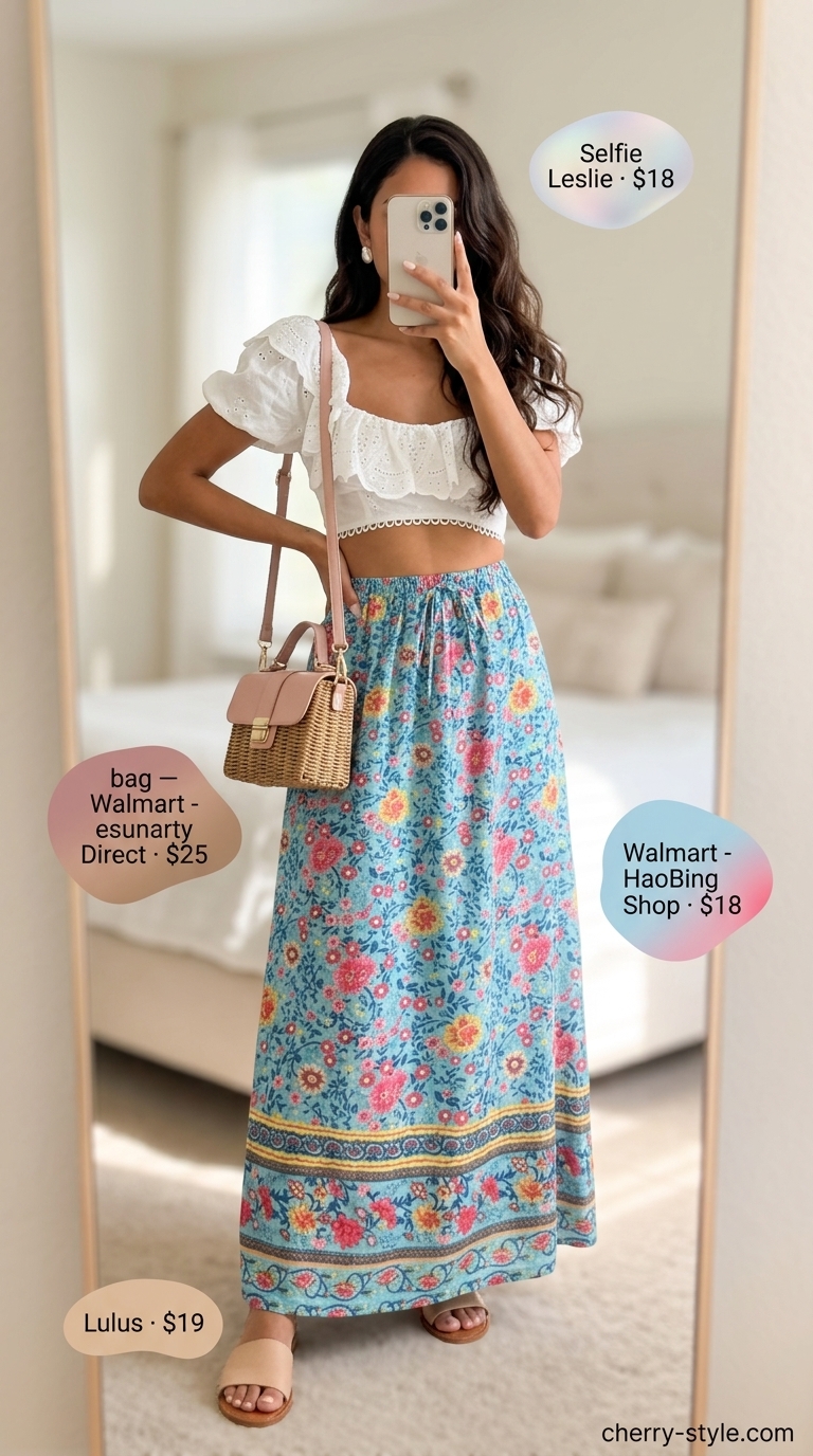 Floral maxi skirt outfits summer for women 2026: Dreamy sky blue floral skirt, white eyelet top, and pearl earrings for brunch.