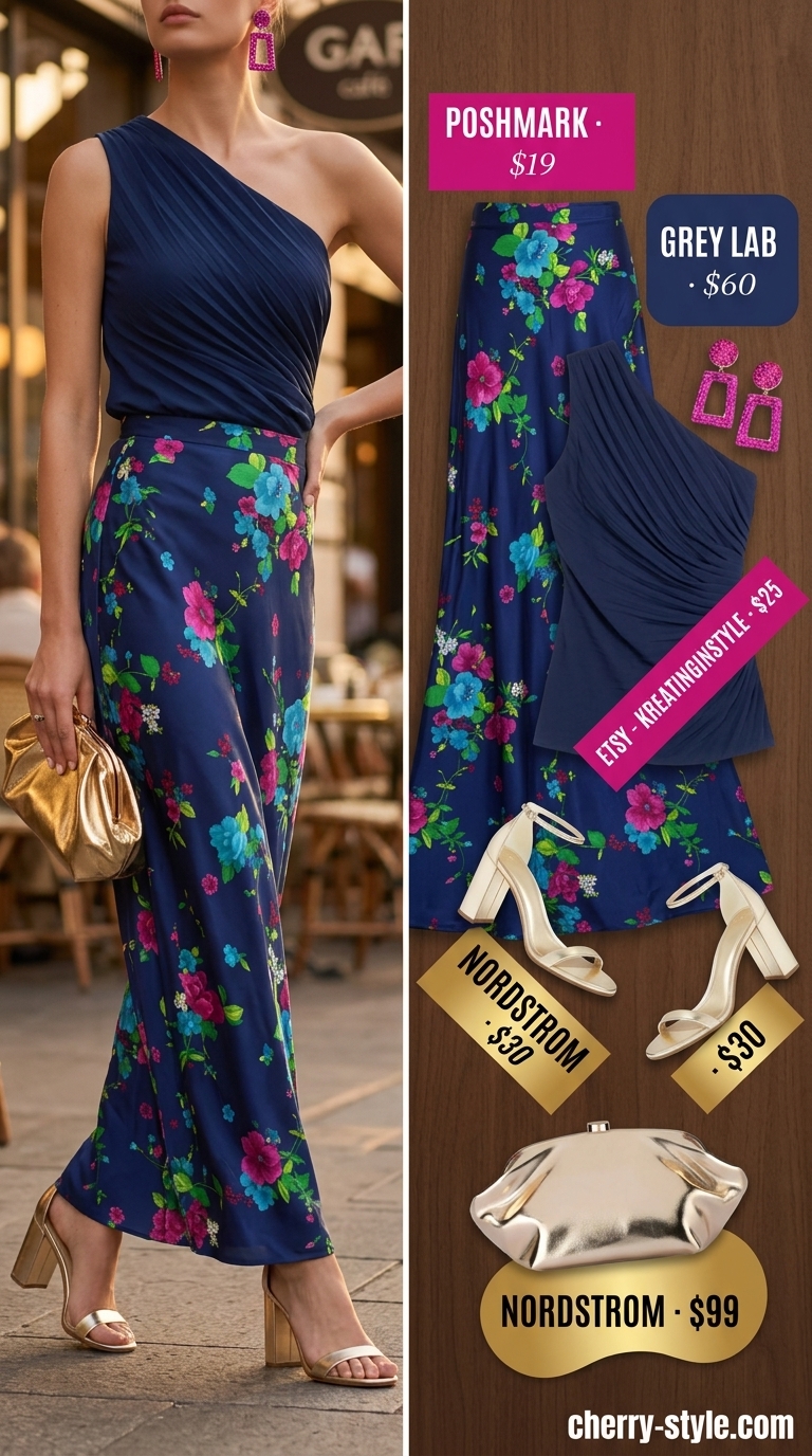 Floral maxi skirt outfits summer for women 2026: Elegant navy floral skirt, one-shoulder top, and metallic heels for evening.