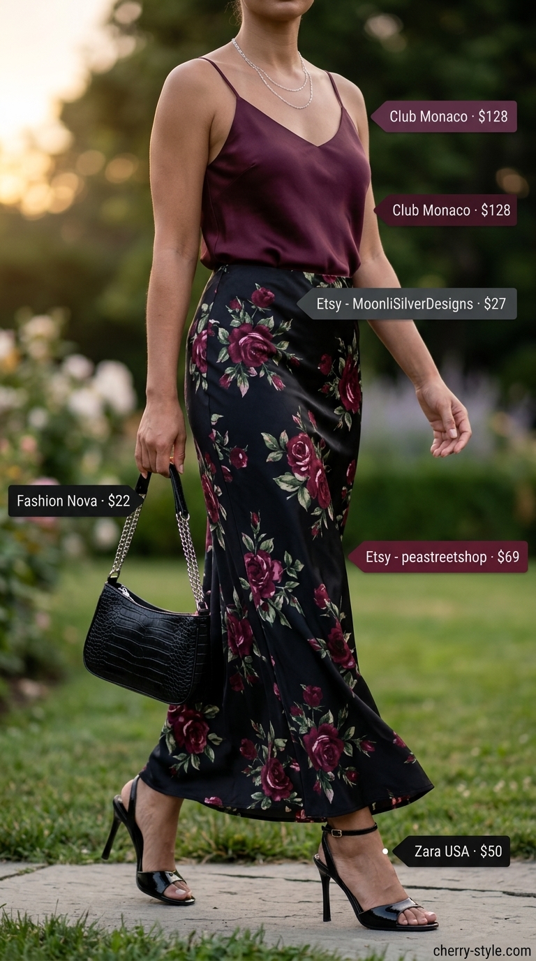 Midnight Garden Soiree: Chic floral maxi skirt & silk cami for summer women 2026 date nights.