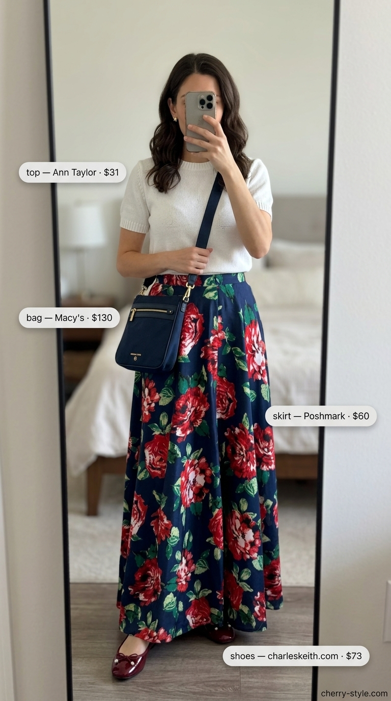 Floral maxi skirt outfits summer for women 2026: Navy floral maxi skirt, white knit top, ballet flats, crossbody bag.