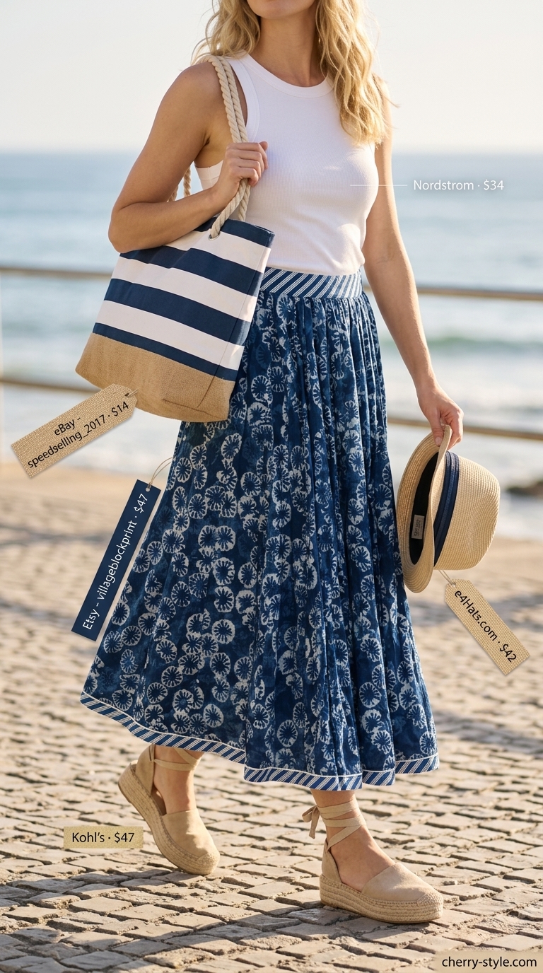 Floral maxi skirt outfits summer for women 2026: Relaxed seaside lunch with indigo floral skirt, white tank, and straw hat.