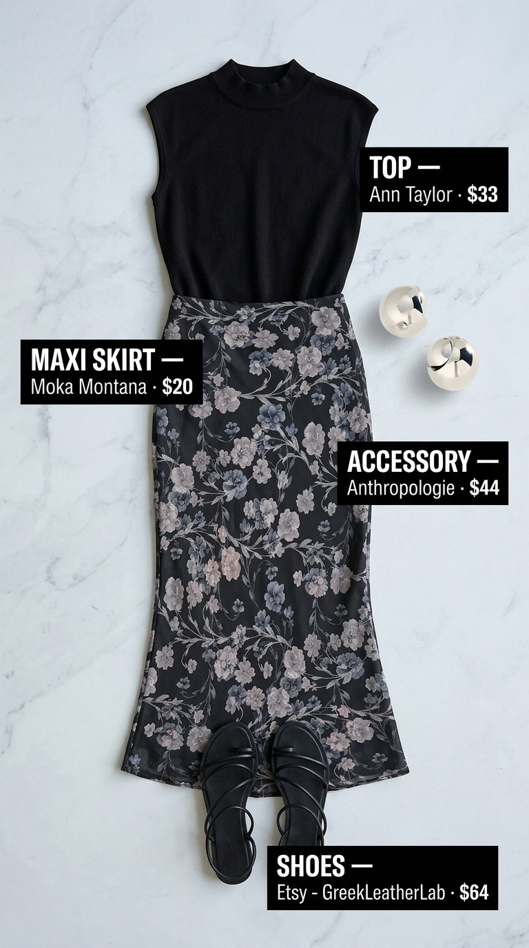 Floral maxi skirt outfits summer for women 2026: Black jacquard floral maxi skirt, mock neck top, leather sandals, tote bag.