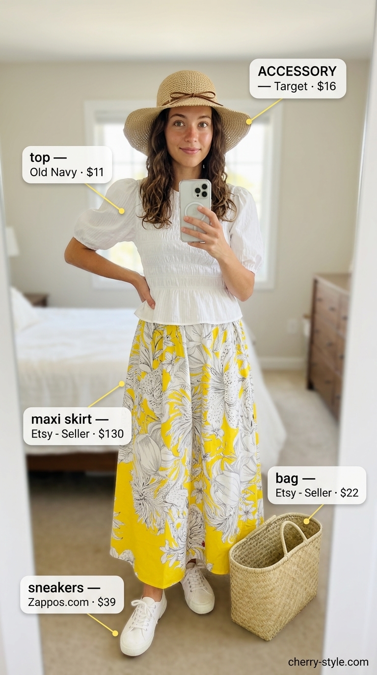 Floral maxi skirt outfits summer for women 2026: Yellow daisy maxi skirt, white puff-sleeve blouse, canvas sneakers, straw hat.