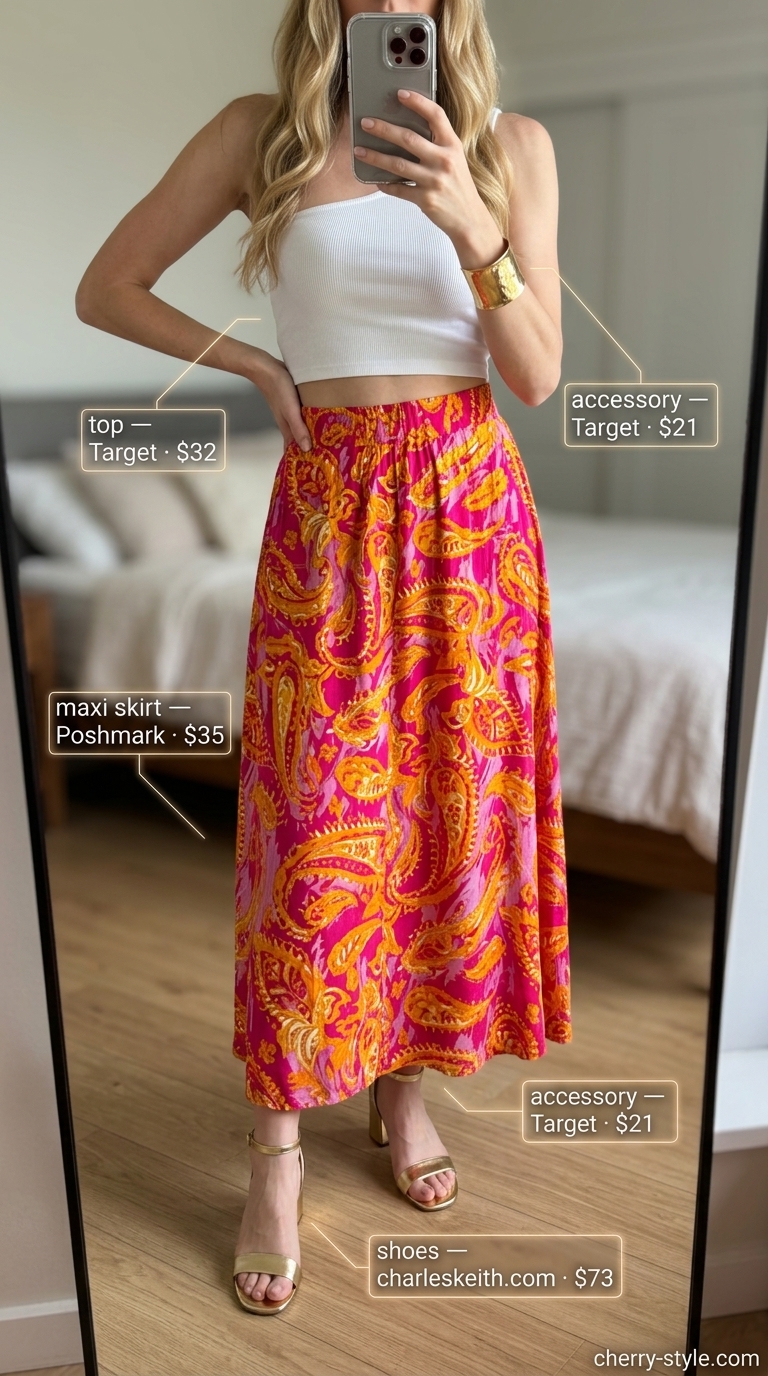 Sunset Cocktail Artistry: Bold floral maxi skirt & one-shoulder top for summer women 2026 parties.