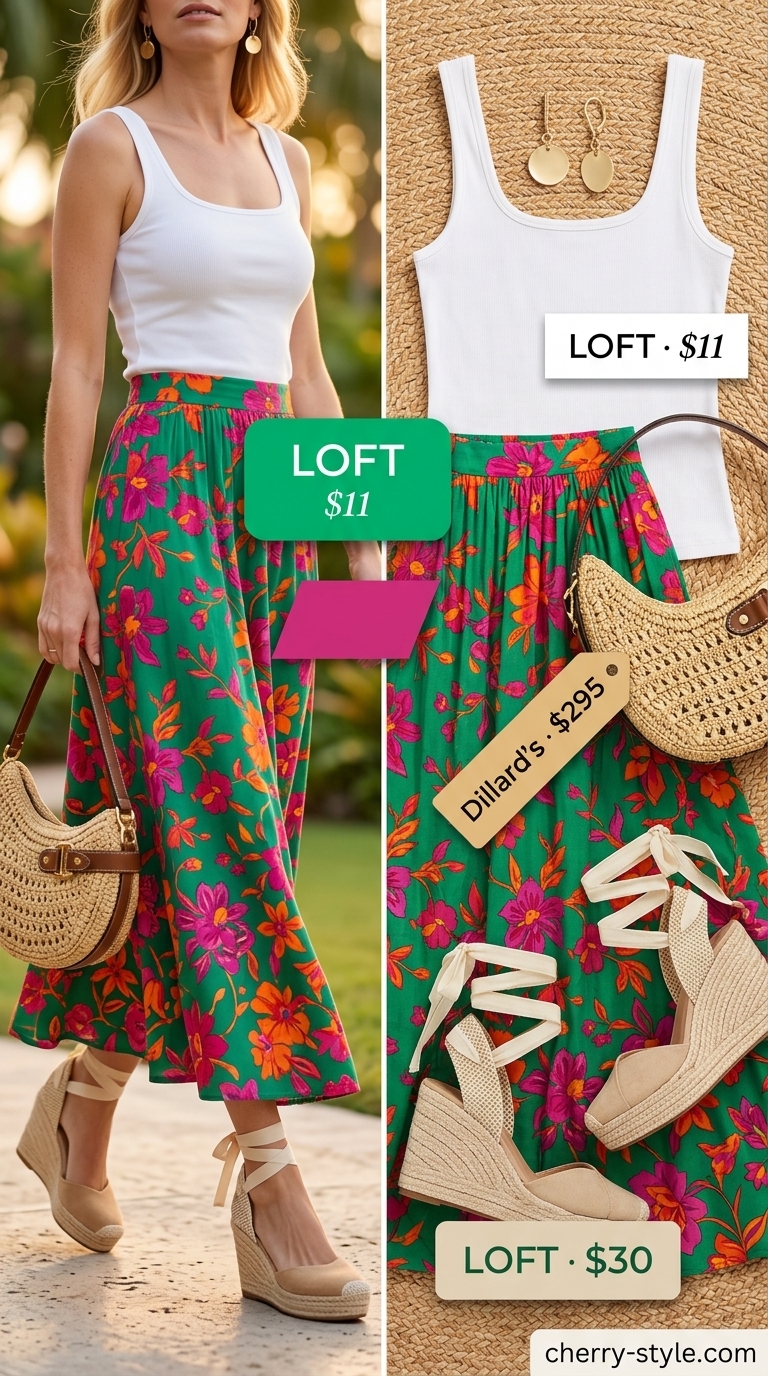 Floral maxi skirt outfits summer for women 2026: Exotic evening look with tiered floral skirt, white knit top, and straw crossbody.