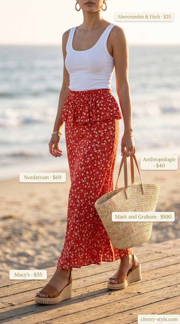 Floral maxi skirt outfits summer for women 2026: Vibrant tropical skirt, white tank, and wedge sandals for resort wear.