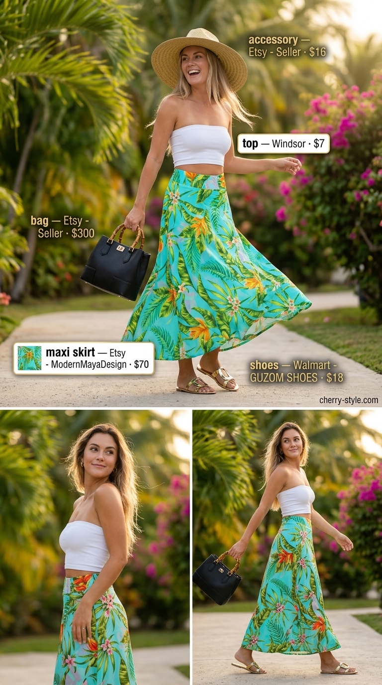 Tropical Oasis Getaway: Vibrant floral maxi skirt & bandeau top for glamorous summer women 2026.