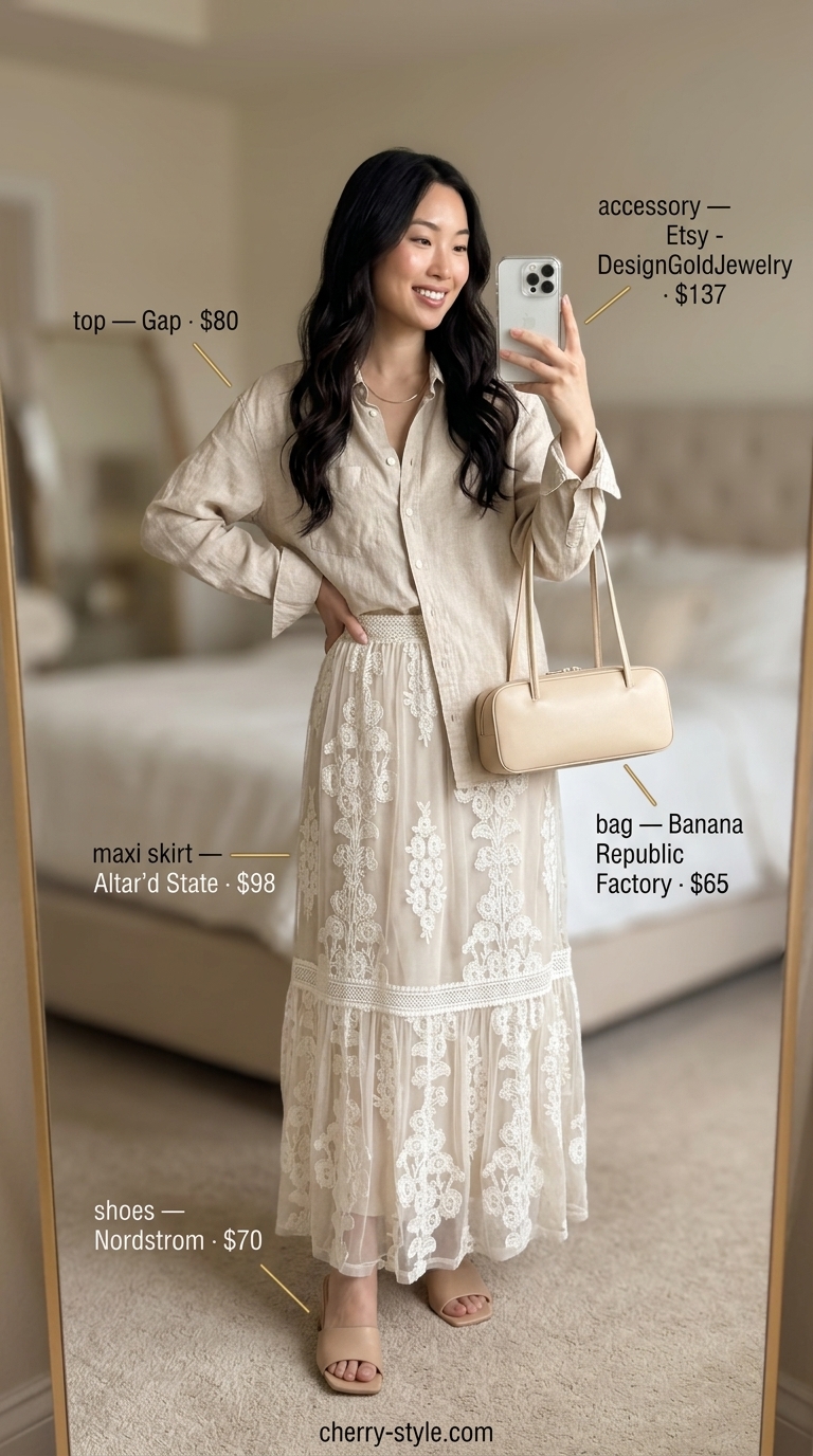 Floral maxi skirt outfits summer for women 2026: Elegant ivory floral skirt, linen shirt, and block heel mules for resort wear.