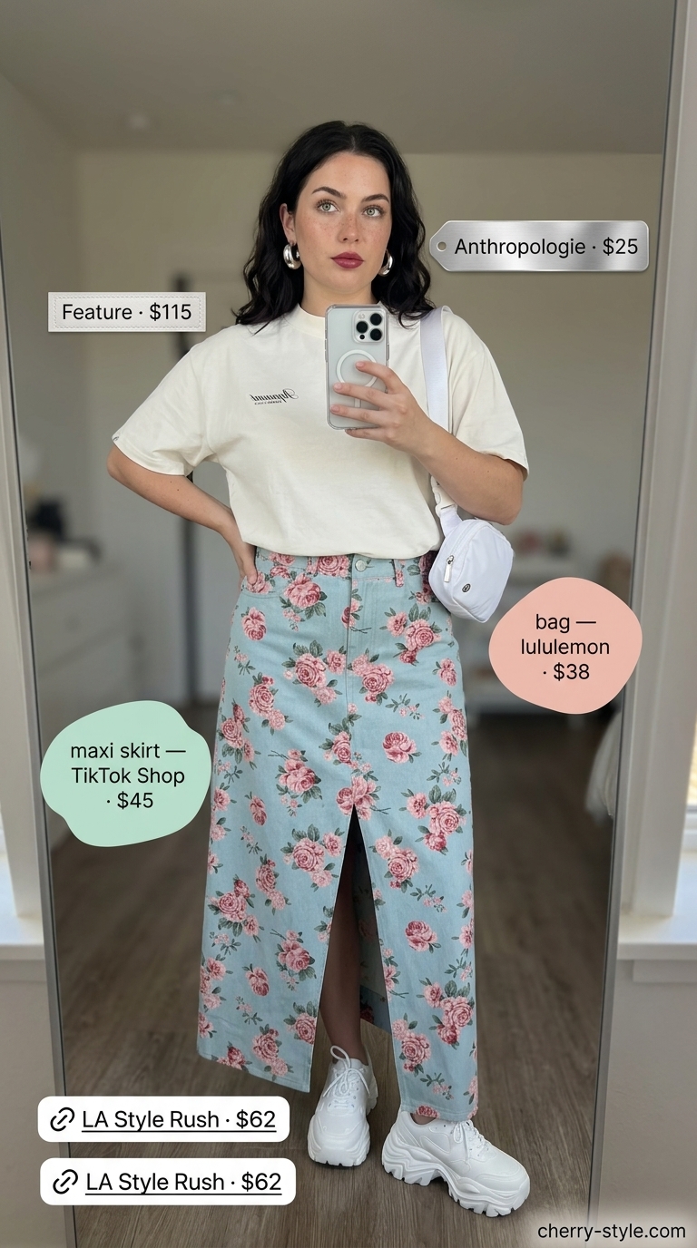 Floral maxi skirt outfits summer for women 2026: Denim floral maxi skirt, graphic tee, platform sneakers, belt bag.