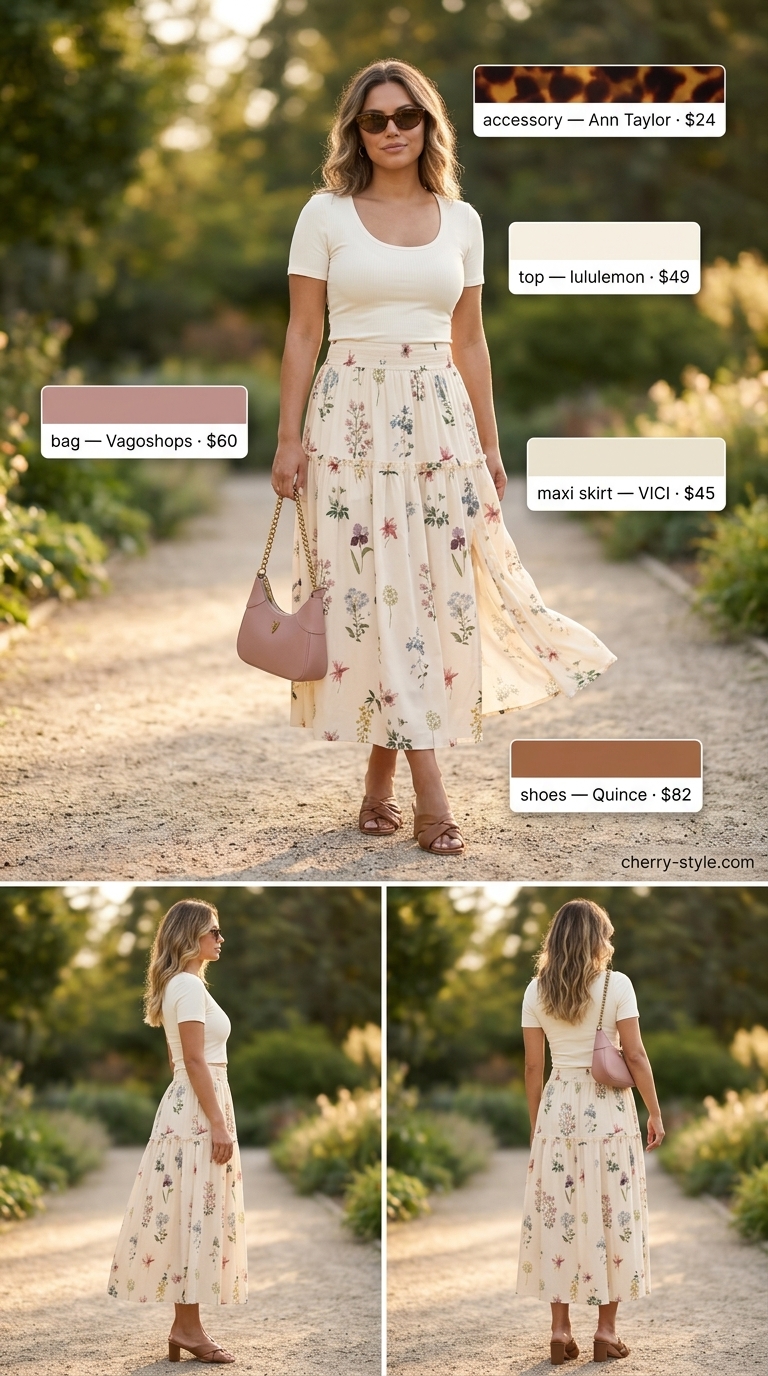 Vintage Picnic Charm: Cream floral maxi skirt & knit tee for sweet summer women 2026 outings.