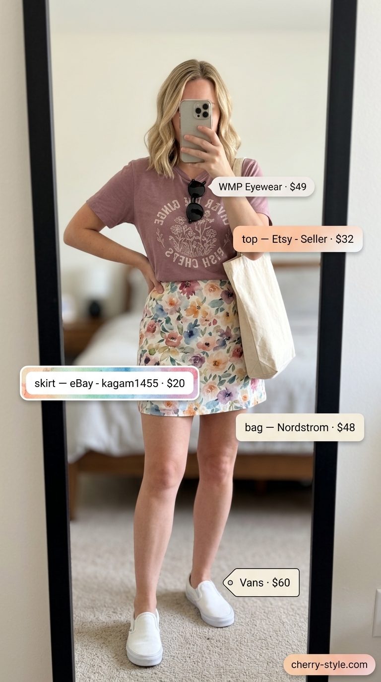 Watercolor floral mini skirt outfit summer 2026 with cream graphic tee and sneakers.