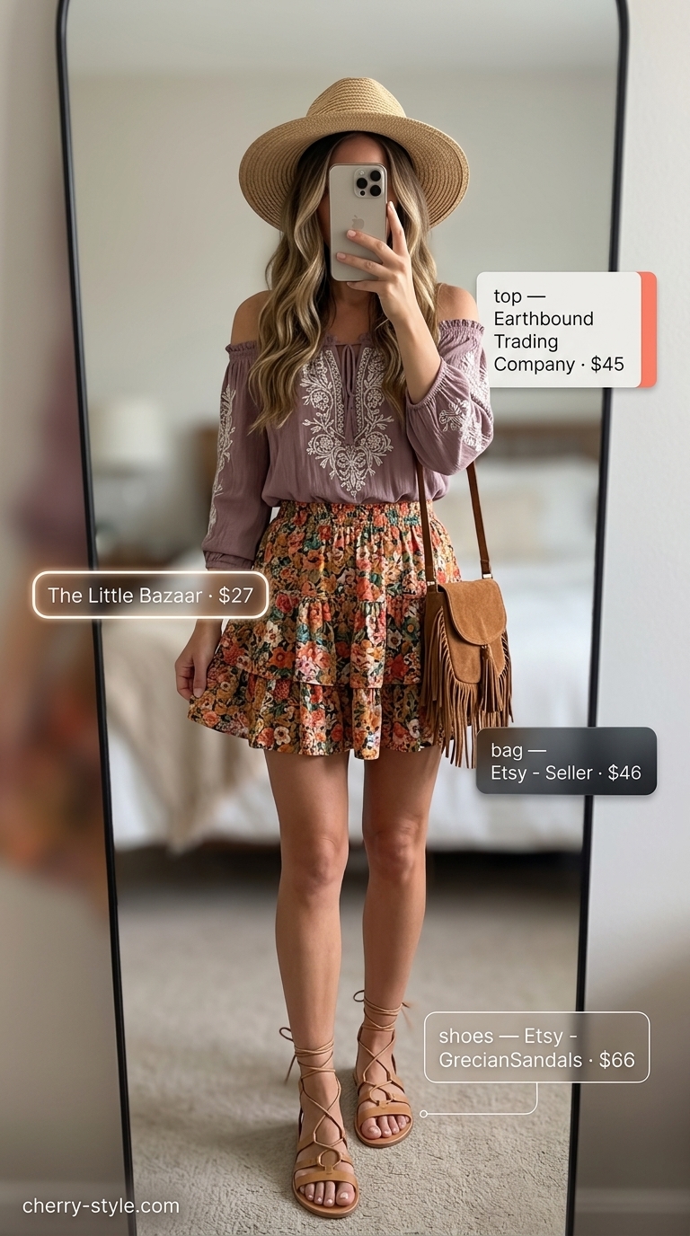 Floral mini skirt outfits summer 2026: Earthy floral tiered mini skirt, white peasant blouse, straw hat, and gladiator sandals for a festival vibe.