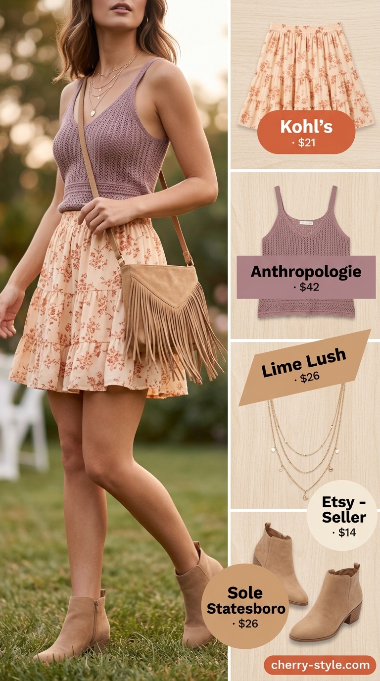 Terracotta floral mini skirt outfit summer 2026 with crochet tank and suede boots.