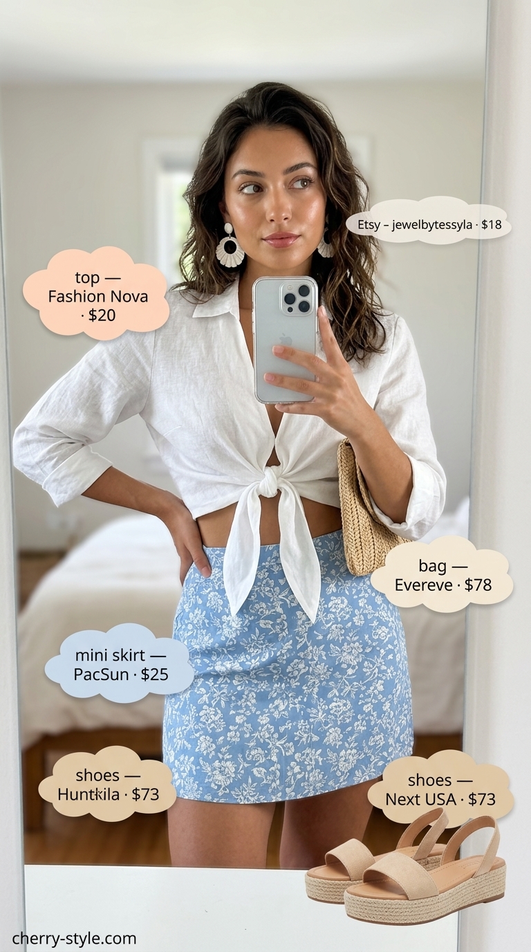 Coastal getaway outfit: light blue floral mini skirt, white linen crop top, and raffia clutch. Summer 2026.