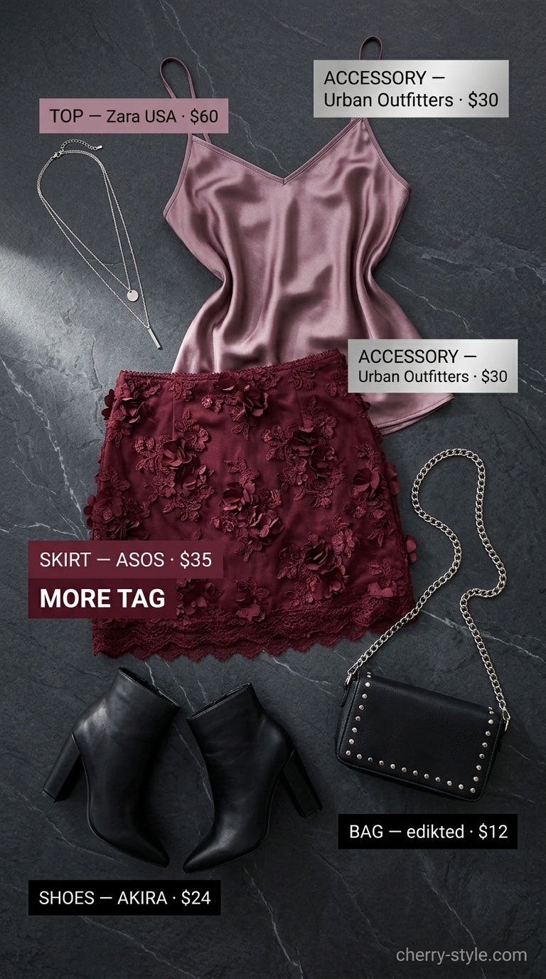 Floral mini skirt outfits summer 2026: Burgundy floral mini skirt, black lace camisole, ankle boots, and silver necklaces for an edgy night out.
