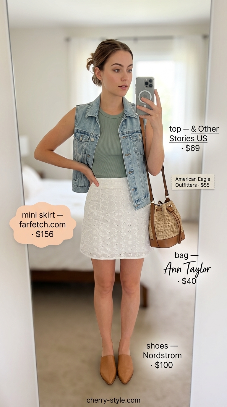 Floral mini skirt outfits summer 2026: White broderie anglaise mini skirt, sage green top, denim vest, and leather mules for chic lunch.