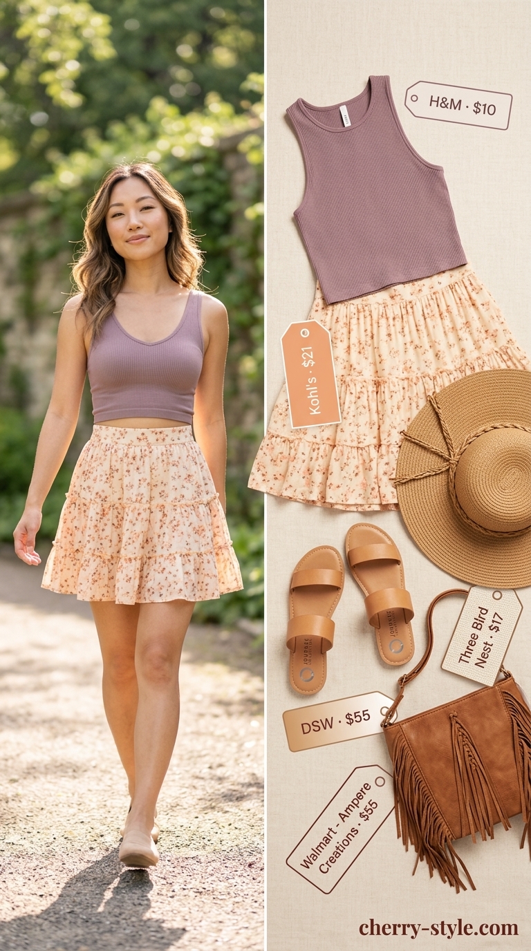 Festival outfit with cream floral mini skirt, olive green hat, and gladiator sandals. Summer 2026.