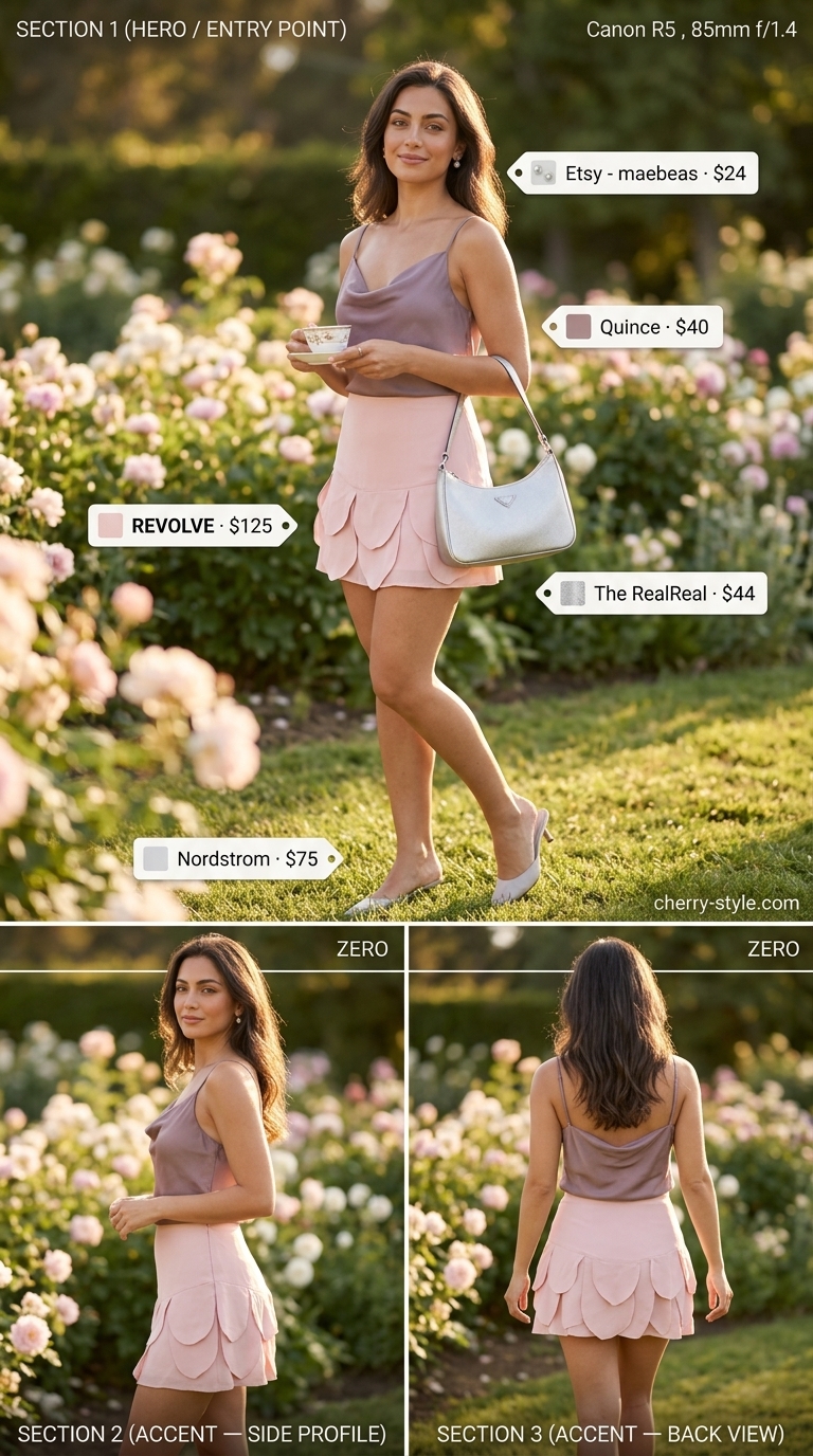 Blush pink floral mini skirt outfit summer 2026 with silk camisole and mules.