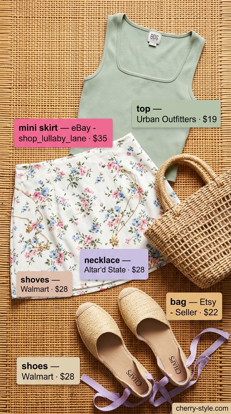 Lakeside picnic outfit: sage green floral mini skirt, lavender tank, and woven basket. Summer 2026.