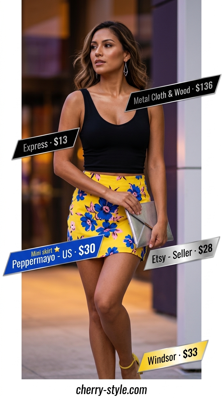 Yellow abstract floral mini skirt outfit summer 2026 with mock neck top and block heels.
