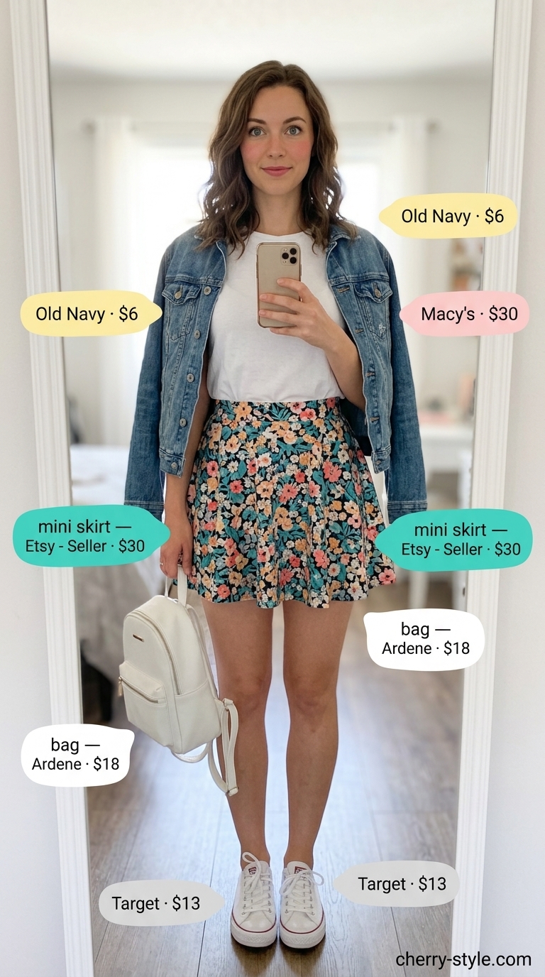 Playful summer outfit: primary floral mini skirt, yellow tee, and denim jacket. Summer 2026.