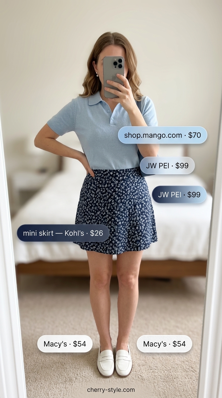 Floral mini skirt outfits summer 2026: Navy floral pleated mini skirt, light blue polo, loafers, and top-handle bag for a garden party.