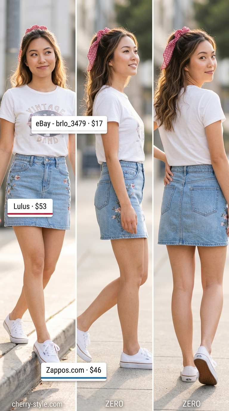 Retro summer outfit: light wash denim floral mini skirt, graphic tee, and white sneakers. Summer 2026.