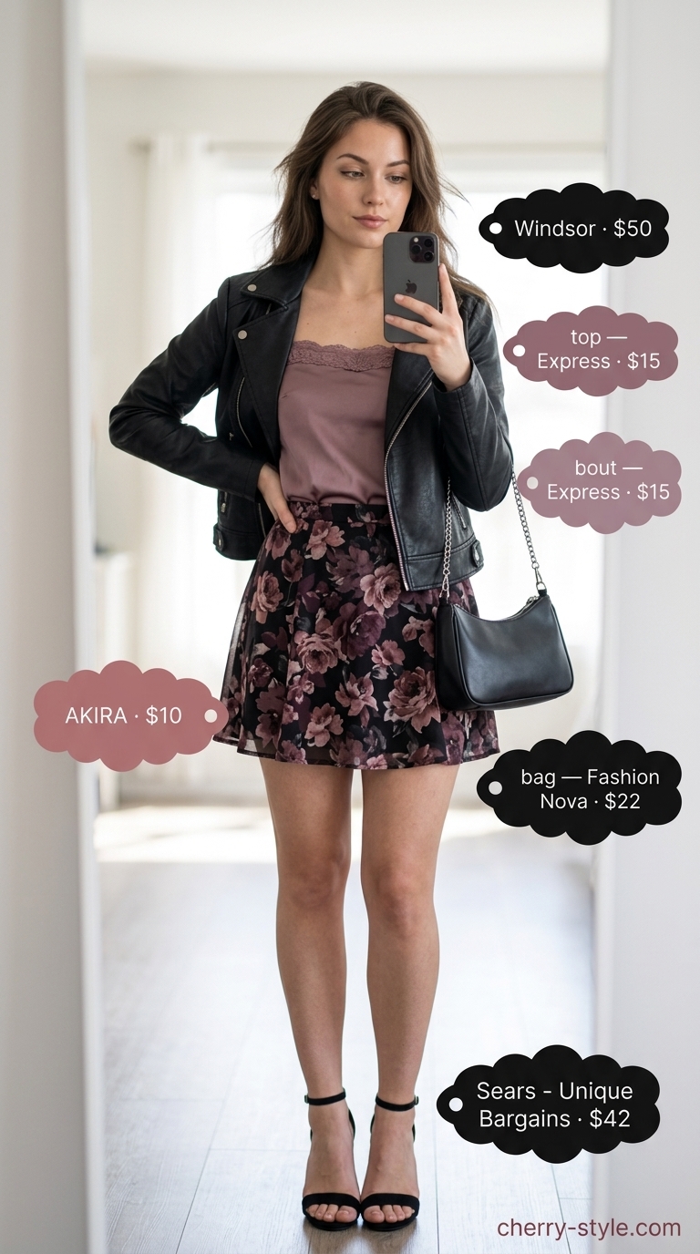 Edgy date night outfit: dark floral mini skirt, biker jacket, and stiletto sandals. Summer 2026.