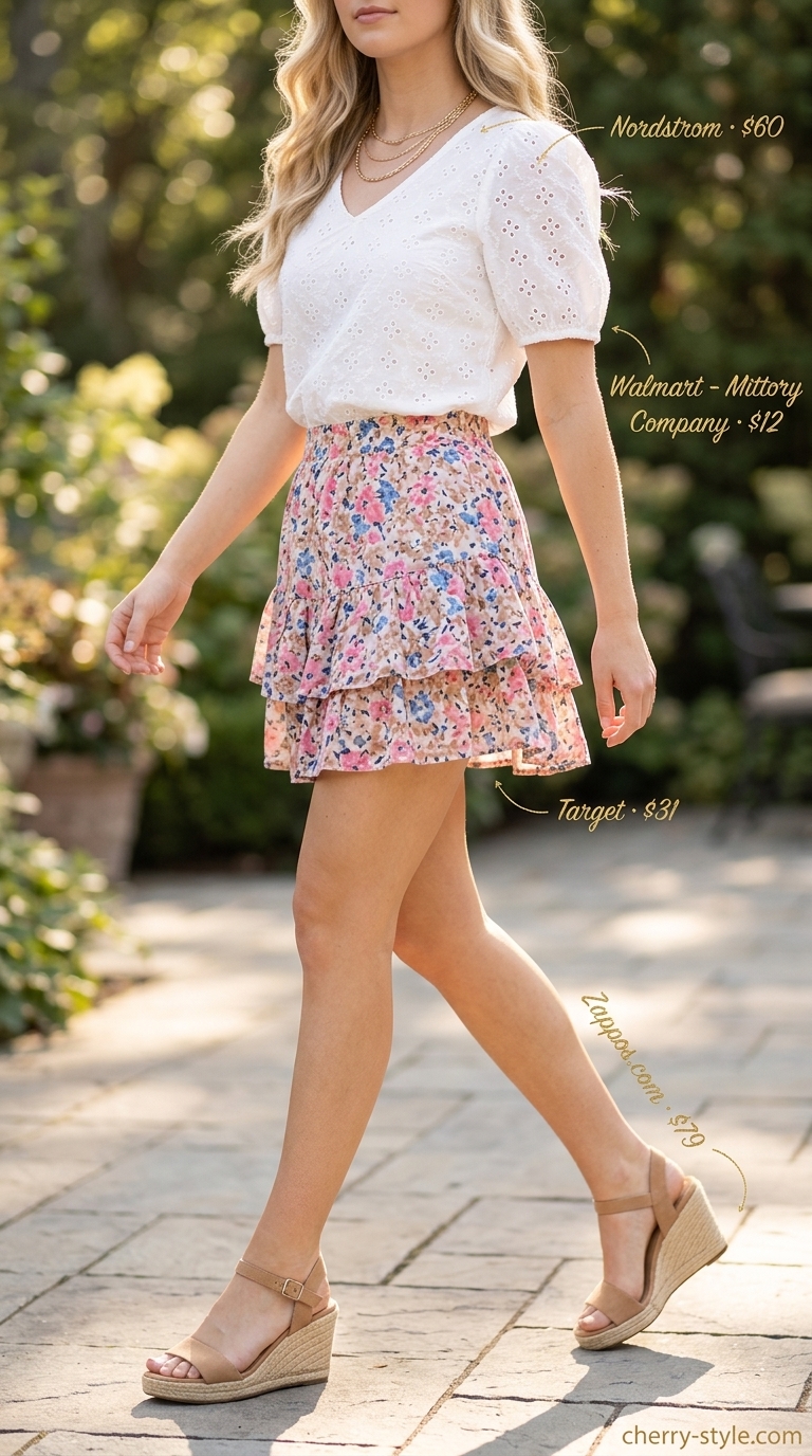 Sweet summer brunch outfit: pastel floral mini skirt, eyelet crop top, and espadrille wedges. Summer 2026.