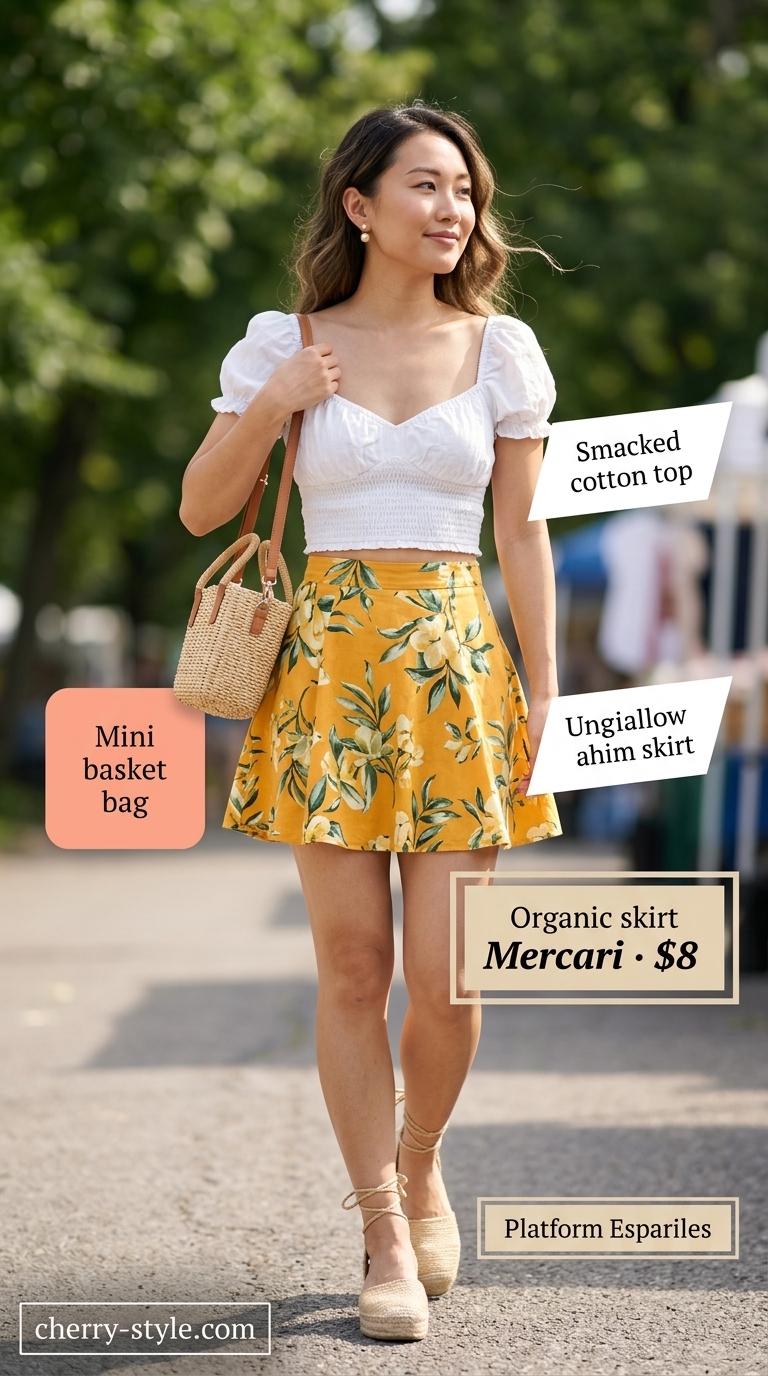 Floral mini skirt outfits summer 2026: Pink floral mini skirt, off-the-shoulder crop top, espadrilles, and straw bag for a sweet summer date.