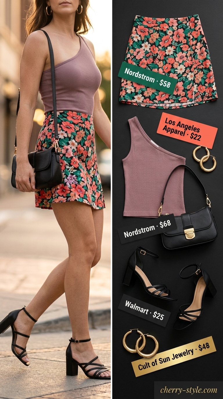 Black tropical floral mini skirt outfit summer 2026 with one-shoulder top and block heels.