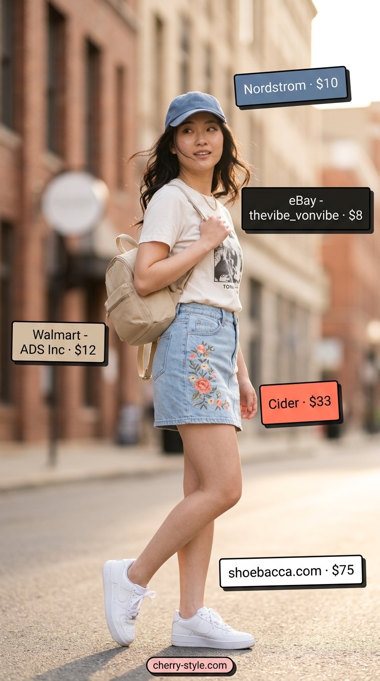 Floral mini skirt outfits summer 2026: Denim mini skirt with colorful floral embroidery, graphic tee, baseball cap, and sneakers for city exploration.