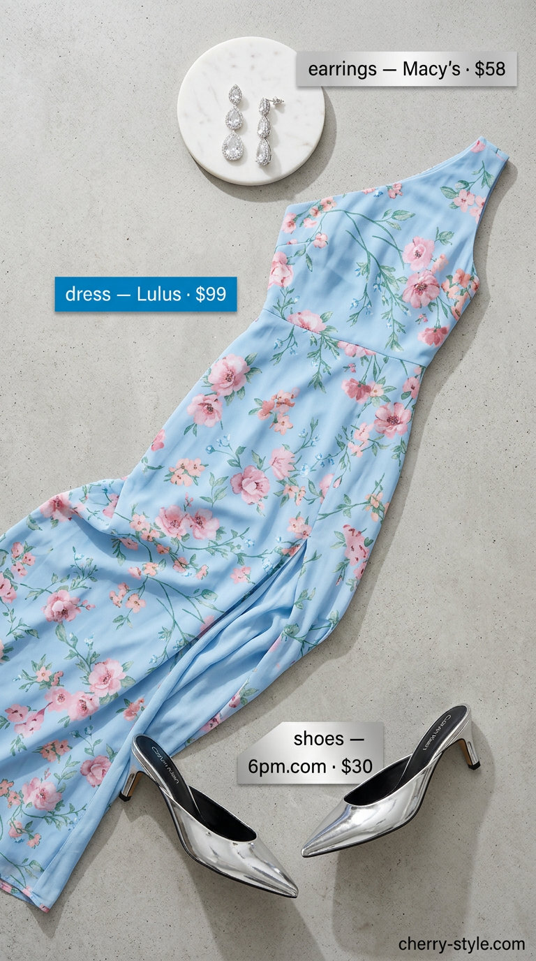 Azure blue floral maxi dress, silver mules, crystal earrings, white clutch for floral summer wedding guest outfits 2026.