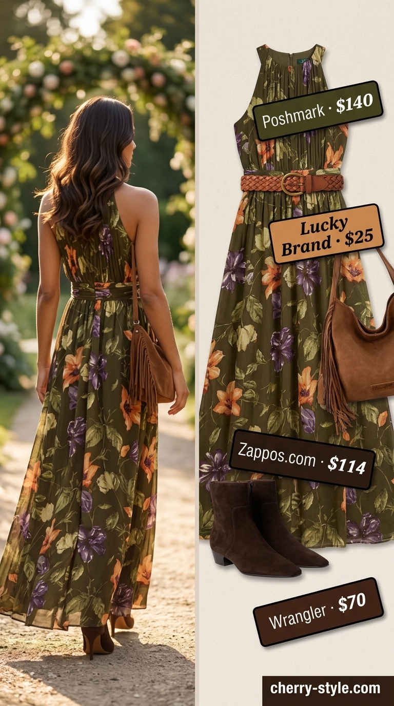 Olive green floral maxi dress, suede boots, woven belt, fringe bag for floral summer wedding guest outfits 2026.